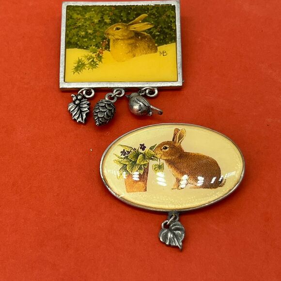 Marjolein Bastin Bunny Rabbit Nature Brooch Pin‎ Set Silver Woodland Charms VTG - Picture 1 of 7